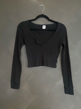 TNA Black Waffle Long Sleeve Cropped Top with V-Notch